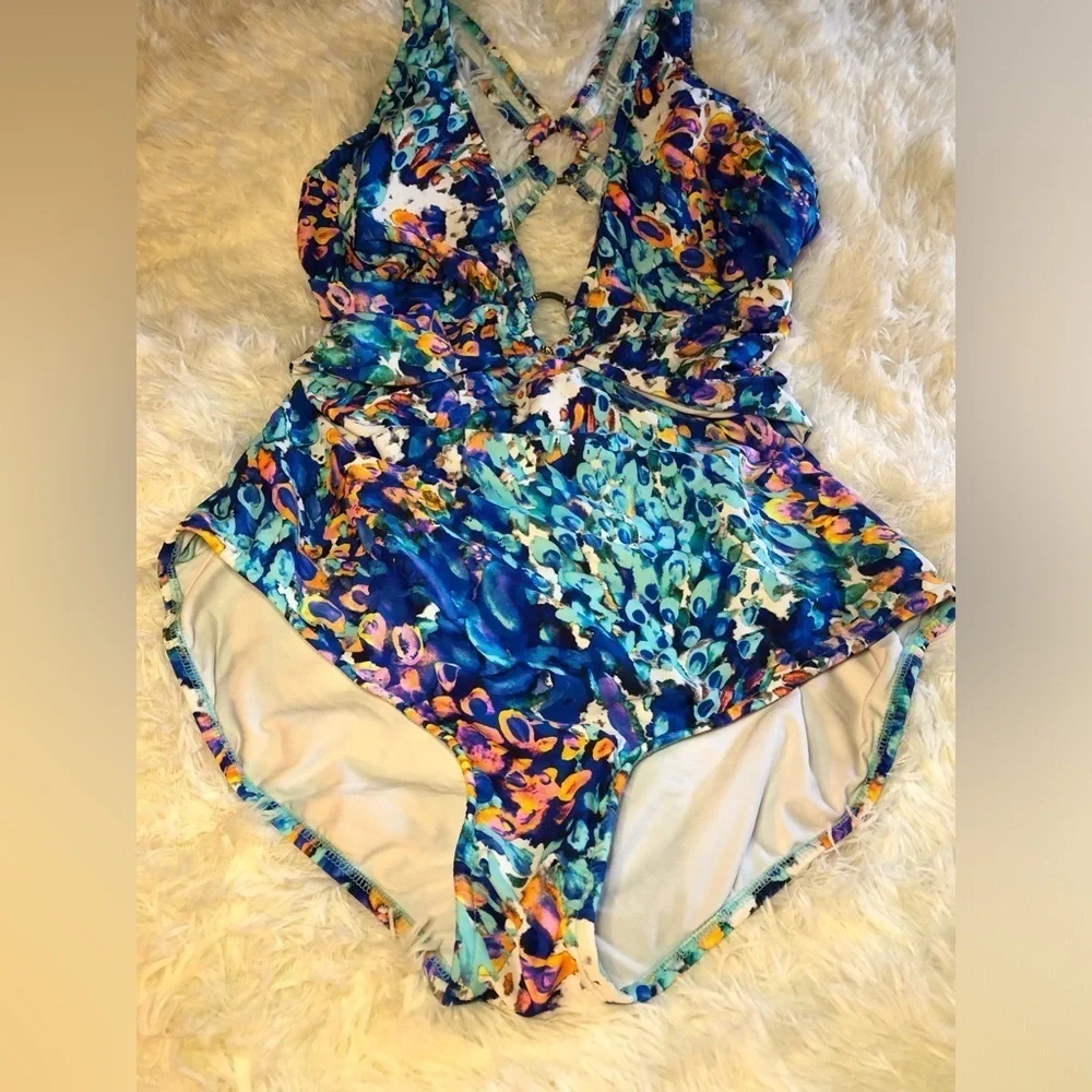 VENUS Blue and Orange One Piece Swimsuit with Plunging V-neckline